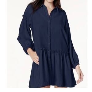 Free People Women's Boho Drop Waist Shirtdress Small Navy Blue